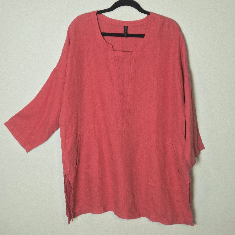 Stella Carakasi Linen Tunic Sz L Lagenlook Oversized Artsy Button Detail Boho